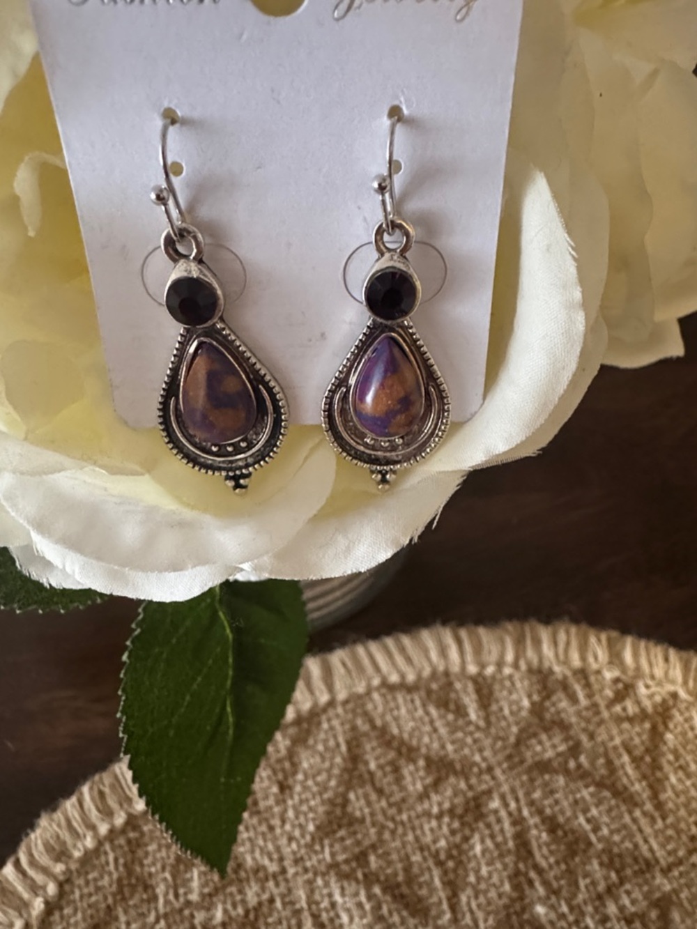 Silver Teardrop Dangle Earrings with Purple-Brown Stone